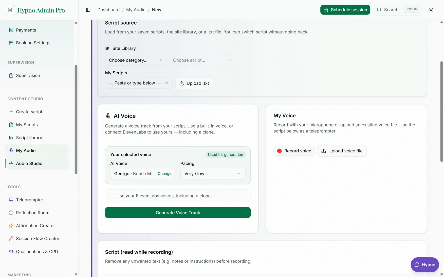 Audio Studio with AI voice selection, pacing and record voice options