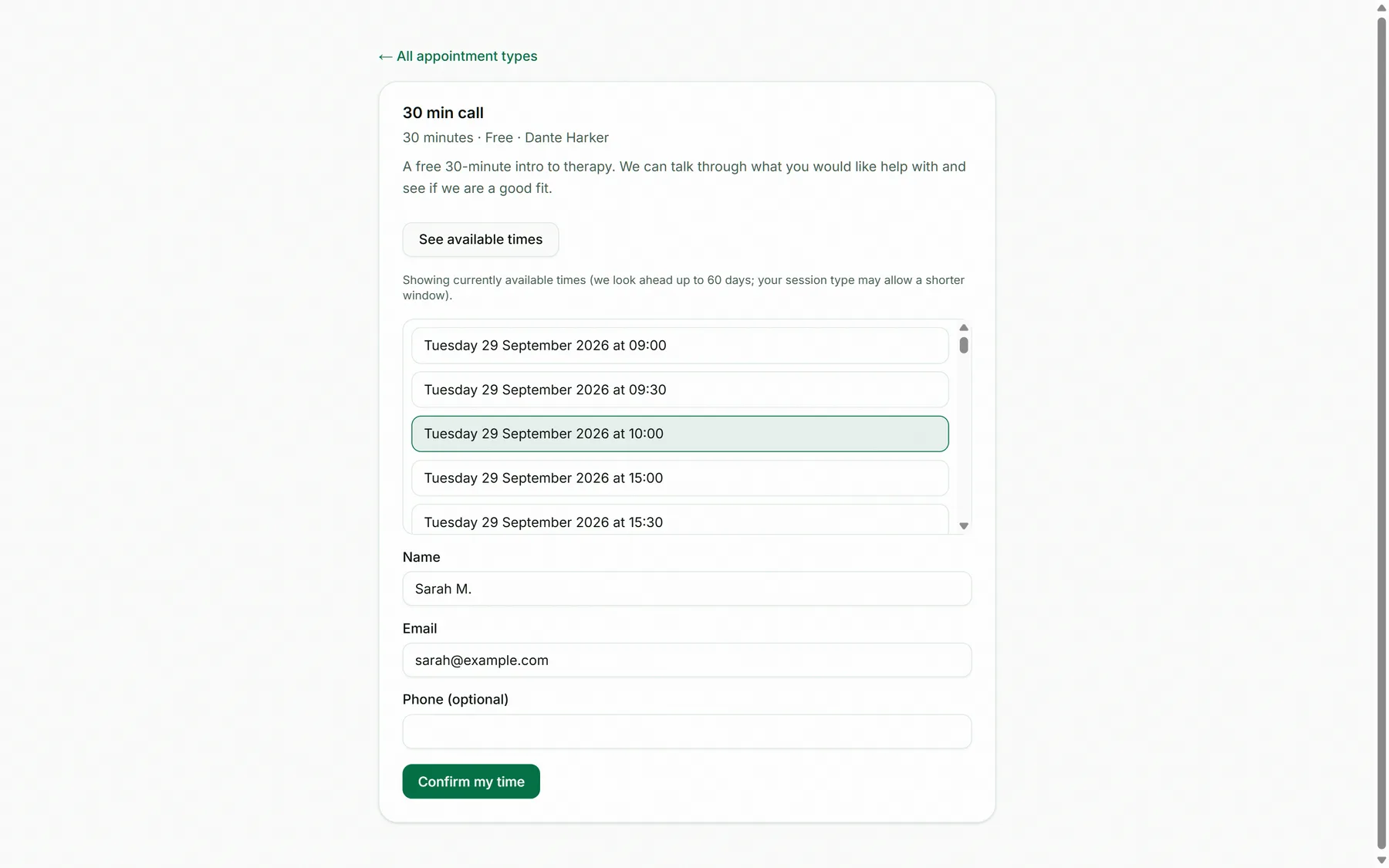 Public booking page with a list of available times and a selected 10:00 slot
