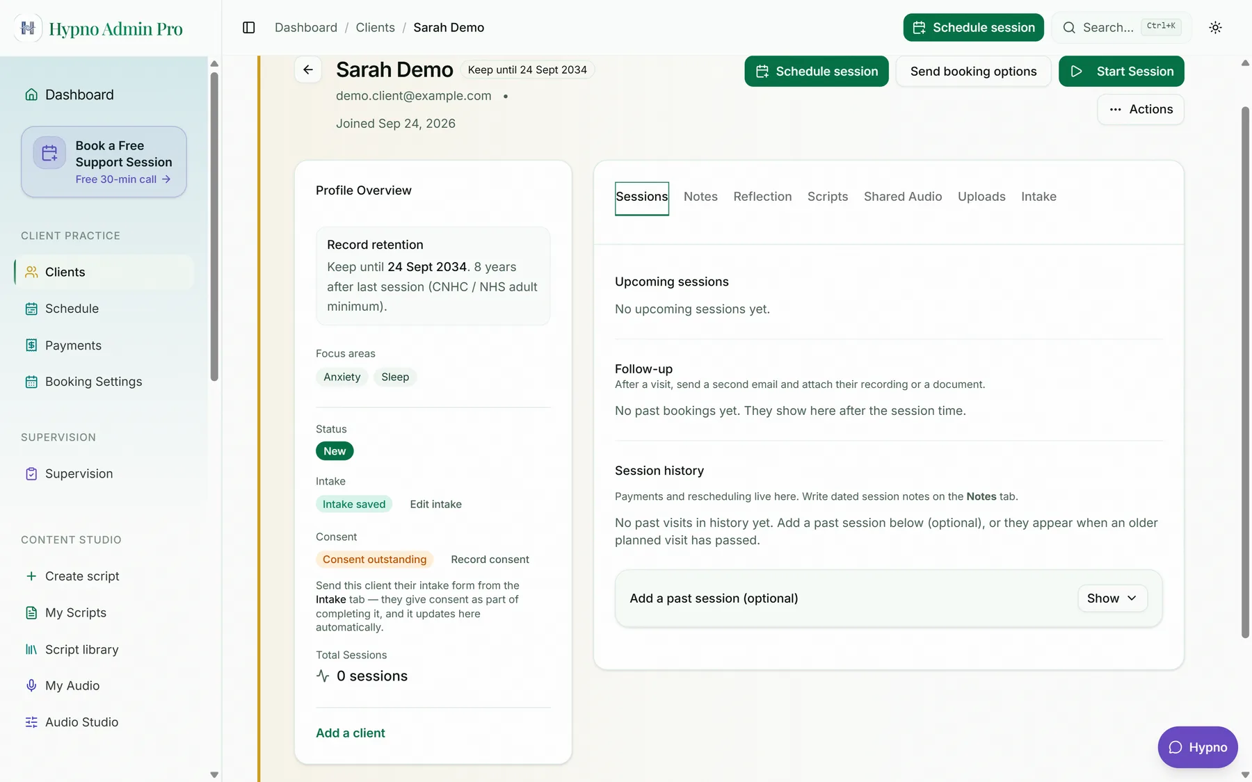 A client record showing profile overview, focus areas, intake and consent status