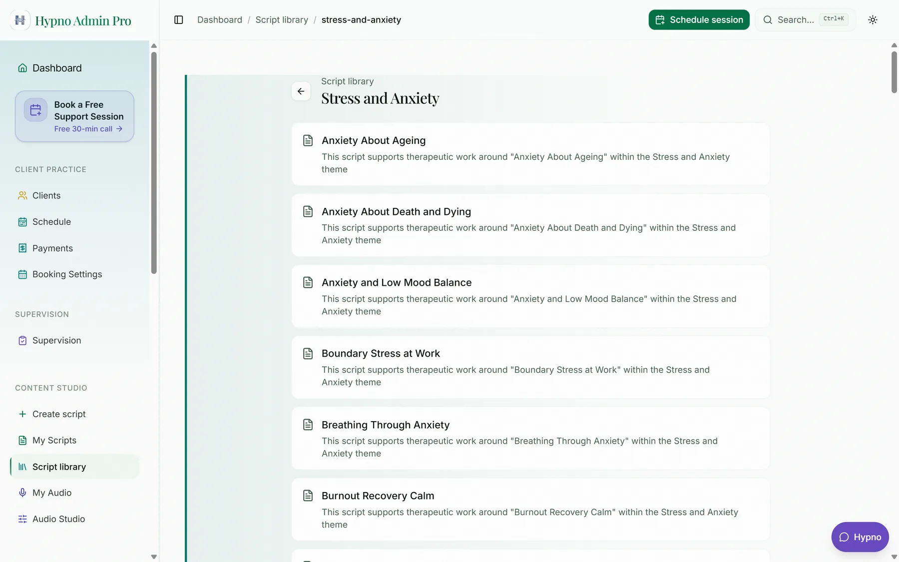 Script library open on the Stress and Anxiety category with a list of scripts